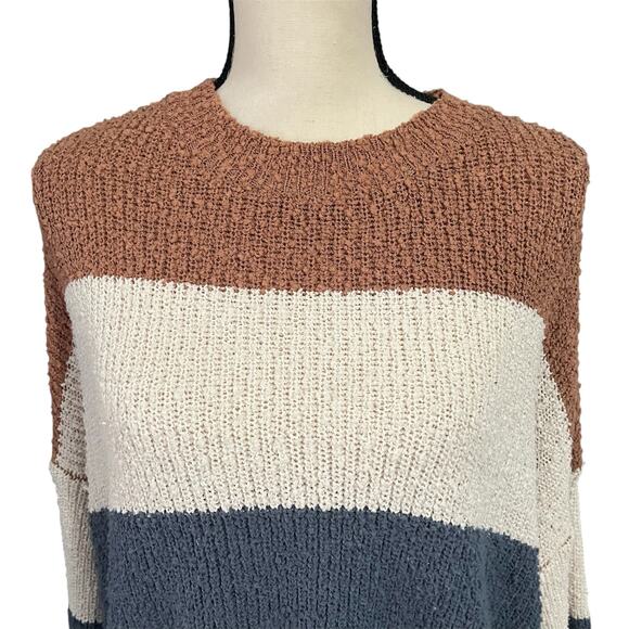 Debut | NWOT Women's Brown Cream Blue Wide Stripe Cropped Sweater Sz M - Picture 2 of 4